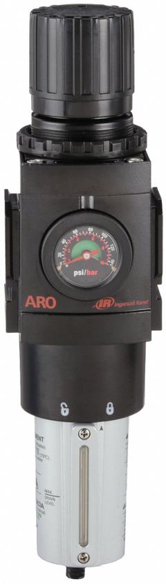 ARO Filter-Regulator: 3000 Series, 1 in NPT, 250 cfm, 5 micron, 0 psi to 140 psi, Manual Drain (MPN P39464-610). Key specifications — attr109419: ARO; attr109429: Aluminum; attr109463: Yes; attr109468: 3000.