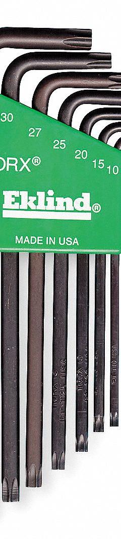 EKLIND Torx Key Set: Long, 7 Pieces, T10/T15/T20/T25/T27/T30/T40 Tip Size, Std End, Organizer, Torx (MPN 11907). Key specifications — attr1205450: EKLIND; attr1205441: Chrome.