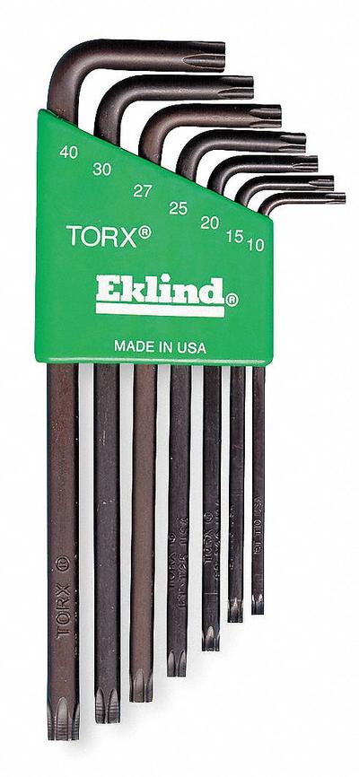 EKLIND Torx Key Set: Long, 7 Pieces, T10/T15/T20/T25/T27/T30/T40 Tip Size, Std End - L-Shaped Torx & Torx Plus Key Sets