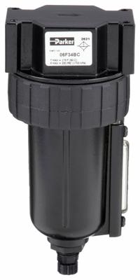 PARKER Compressed Air Filter: Particulate, 1/2 in NPT, 5 micron, 85 cfm, 250 psi Max Op Pressure (MPN 06F34BC). Key specifications — attr110055: 06F; attr110008: PARKER.