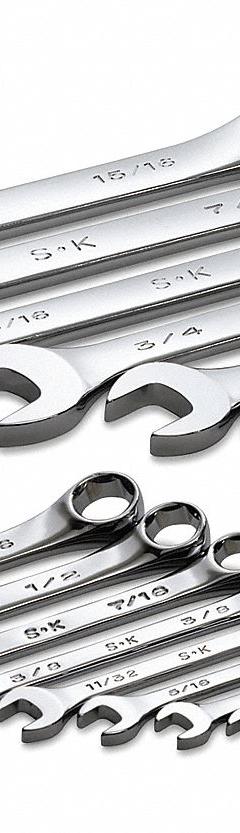 SK PROFESSIONAL TOOLS Combination Wrench Set: Alloy Steel, Chrome, 14 Tools, 15° Head Offset Angle (MPN 86124). Key specifications — attr309520: Chrome; attr309519: Alloy Steel; attr324929: SK PROFESSIONAL TOOLS; attr309512: Storage Rack; attr309522: No; attr309533: No.