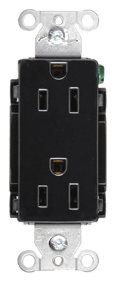 HUBBELL Receptacle: Decorator Duplex, 5-15, Black, 125V AC, 15 A, 2 Pole / 3 Wire (MPN DR15BLK) - General Purpose Receptacles