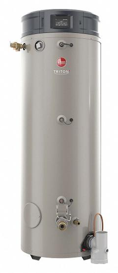 RHEEM Commercial Gas Water Heater: Natural Gas, Low NOx, 100 gal, 250,000 BTU, 77.5 in Ht (MPN GHE100SS-250A). Key specifications — Display Sell UOM: EA; Market: Commercial; Standards: LWH; Sub-brand: Triton SS; Brand: RHEEM; Low NOx: Yes; Water Connection Location: Side; Fuel Type: Natural Gas.