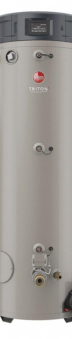 RHEEM Commercial Gas Water Heater: Natural Gas, Low NOx, 100 gal, 250,000 BTU, 77.5 in Ht (MPN GHE100SS-250A). Key specifications — Display Sell UOM: EA; Market: Commercial; Standards: LWH; Sub-brand: Triton SS; Brand: RHEEM; Low NOx: Yes; Water Connection Location: Side; Fuel Type: Natural Gas.