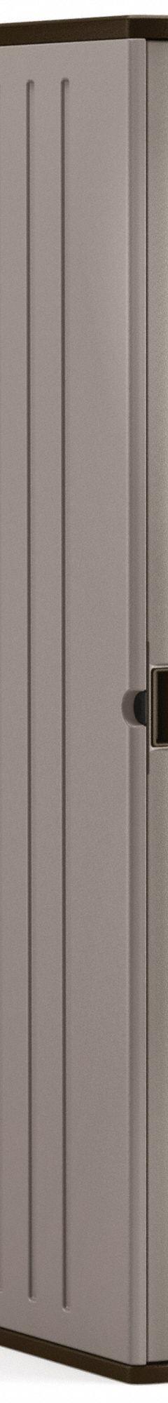 SUNCAST Plastic Storage Cabinet: 15 in x 20 in x 72 in, 2 Adj Shelves, Pull & Padlock, Ventilated. Key specifications — attr87767: Unassembled, Easy Assembly, minimal tools required; attr87766: Platinum Metallic; attr66503: SUNCAST.