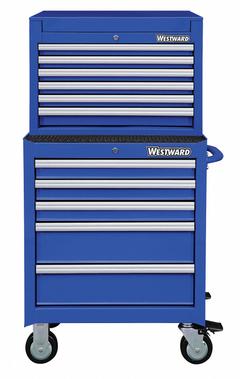 WESTWARD Tool Chest and Cabinet Combination: 11 Drawers, Light Duty, Keyed, Blue / Powder Coated (MPN 7CY26). Key specifications — attr1116680: Blue; attr1116684: Ball Bearing; attr1116690: WESTWARD; attr1116659: Keyed; attr1116661: Top Chest 26 in W x 16-1/2 in D x 18-1/2 in H.