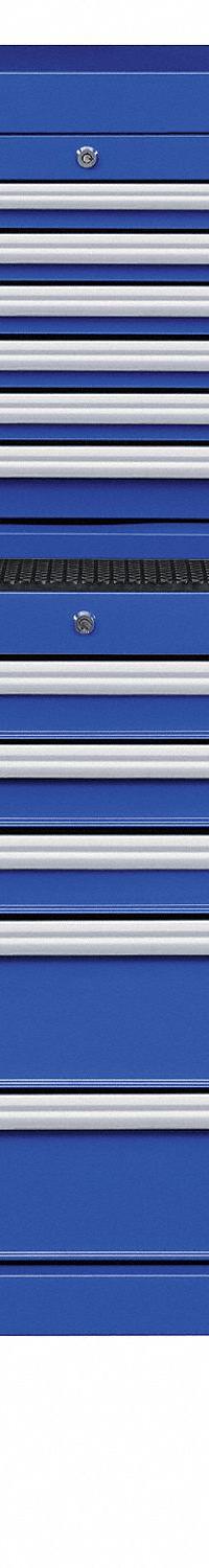 WESTWARD Tool Chest and Cabinet Combination: 11 Drawers, Light Duty, Keyed, Blue / Powder Coated (MPN 7CY26). Key specifications — attr1116680: Blue; attr1116684: Ball Bearing; attr1116690: WESTWARD; attr1116659: Keyed; attr1116661: Top Chest 26 in W x 16-1/2 in D x 18-1/2 in H.