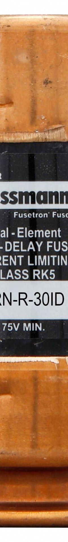 BUSSMANN Fuse: Class RK5, FRN-R-ID Series, Time-Delay, 30 A, 250 V AC, 125 V DC, Indicating (MPN FRN-R-30ID). Key specifications — Series: FRN-R-ID.