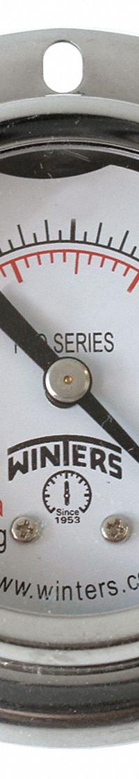 WINTERS Panel-Mount Pressure Gauge: Front Flange, 0 psi to 30 psi, 2 in Dial, 1/8 in NPT Male, PFQ (MPN PFQ2435-DRY-2FF). Key specifications — Accuracy: ±2.5%; Brand: WINTERS; Vibration Resistance Properties: Field-Fillable; Gauge Wetted Parts: Brass / Bronze.