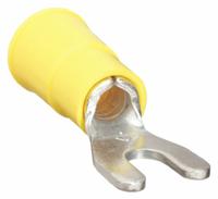 3M Fork Terminals: Yellow, Vinyl, #6 Stud Size, 12 AWG – 10 AWG Wire Range, Block Fork, 1,000 V (MPN MVU10-6FX). Key specifications — Barrel Style: Butted; Manufacturer Part Number: MVU10-6FX; Brand: 3M; Series: TR.