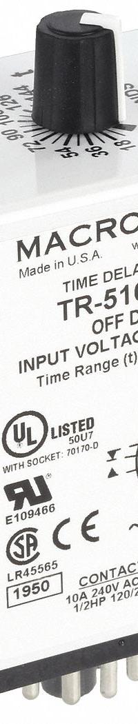 MACROMATIC Single Function Time Delay Relay: Socket Mounted, 24V AC/DC, 10 A, 11 Pins/Terminals (MPN TR-51628-10). Key specifications — Brand: MACROMATIC.
