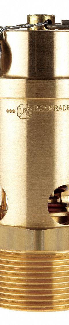 CONRADER Safety Valve: Soft Seat, 1 1/4 in (M)NPT Inlet (In.), 1 1/4 in (F)NPT Outlet (In.), Brass (MPN SRV765-114-075 SST). Key specifications — attr291993: Soft Seat; attr291998: Brass; attr292007: Silicone; attr292009: Brass; attr294753: CONRADER.
