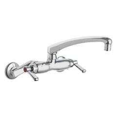 CHICAGO FAUCETS Low Arc Kitchen Faucet: 445, Cast Brass, Widespread, Wall, 2 Mounting Holes, Lever (MPN 445-L8ABCP). Key specifications — Series: 445; Brand: CHICAGO FAUCETS.