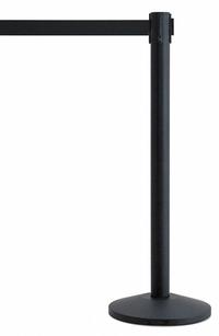 QUEUEWAY Barrier Post with Belt: Black, No Pattern, No Legend, 7 1/2 ft Belt Lg, Black (MPN QWAYPOST-33-B9). Key specifications — Base Material: Steel; Belt Color: Black; Brand: QUEUEWAY; Post Material: Metal Alloy; Post Color: Black; Message: No Legend.