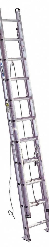 WERNER Extension Ladder: 20 ft Ladder Size, Aluminum, 375 lb Load Capacity, 42 lb Wt, 2 Sections (MPN D520-2). Key specifications — Color: Silver; Brand: WERNER; Included Features: Rope and Pulley; Removable Fly: Removable.