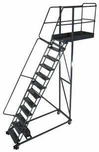 BALLYMORE Rolling Cantilever Ladder: 10.8 ft Platform Ht, Unassembled, Locking Casters, Steel (MPN CL-13-28-P). Key specifications — attr1051489: Gray; attr1051483: BALLYMORE; attr1051499: Double Handrails; attr1051504: Steel.