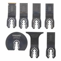 DREMEL Oscillating Tool Blade Set: 7 Blades, Straight, Universal Open-Back Connection (MPN MM497U). Key specifications — attr1140173: (1) 3” U2 HCS Wood/Drywall Saw Blade; attr1097629: DREMEL; attr1097591: Dremel.