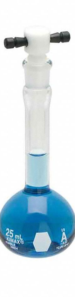 KIMBLE Volumetric Flask: 50 mL, Colorless, Conical, A, +/-0.05 mL, Includes Closure (MPN 28014F-50). Key specifications — Shape: Conical; Tolerance: +/-0.05 mL; Body Color: Colorless; Brand: KIMBLE; Compatible with Stopper Size: 9; USP Specification: Type I.
