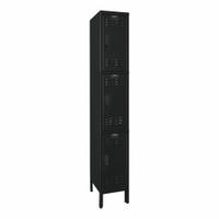 HALLOWELL Locker: 12 in x 15 in x 78 in, Louvered, 3 Tiers, 1 Units Wide, 8-Digit Code/Key, Black (MPN UEL1258-3ME). Key specifications — Brand: HALLOWELL; Locker Color: Black; Lock Type: 8-Digit Code/Key; Door Type: Louvered; Locker Material: Steel; Assembled: Unassembled; Number Plate Included: Yes.