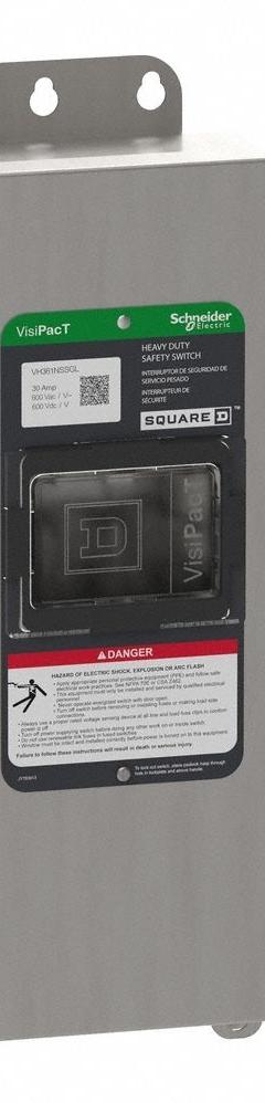 SCHNEIDER Safety Switch: Fusible, 30 A, Three Phase, 600V AC/DC, 316 Stainless Steel, Indoor/Outdoor (MPN VH361NSSGL). Key specifications — Brand: SCHNEIDER.