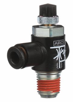 ARO Cylinder Port Flow Control Valve: Elbow Fitting, Knurled, 2/3 in Valve Body Size, 1/4 in Tube (MPN 119310-250). Key specifications — attr947203: Stainless Steel; attr947205: ARO.