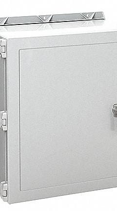 HOFFMAN Enclosure: Fiberglass, 24 in x 24 in x 8 in, NEMA 12/13/3/3R/4/4X, Solid Cover, Hinged (MPN A24H2408GQRLP). Key specifications — Brand: HOFFMAN; Closure Method: Quick Release Latch; Enclosure Material: Fiberglass; Knockouts: Not Included.