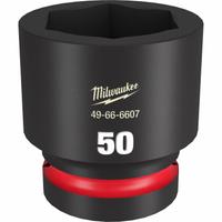 MILWAUKEE Standard Impact Socket: 1 in Drive Size, Metric, 50 mm Socket Size, 6-Point, Std, Friction (MPN 49-66-6607). Key specifications — attr1215501: MILWAUKEE; attr1215515: Black Phosphate; attr1215518: 50 mm.