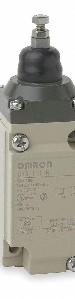 OMRON Limit Switch: Plunger Actuator, 29 mm Mounting Hole Horizontal Center to Center Distance, D4A (MPN D4A1111N). Key specifications — Manufacturer Part Number: D4A1111N; Brand: OMRON; Electrical Connection: Screw Terminals; Series: D4A; Body Material Type: Metallic; Actuator Type: Plunger.