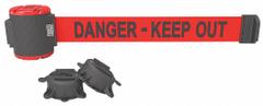 BANNER STAKES Magnetic Retractable Belt Barrier: Magnet, 30 ft Belt Lg, Danger Messaging, Red (MPN MH5009). Key specifications — attr981520: Black; attr981527: Black; attr193646: BANNER STAKES; attr981511: Red.