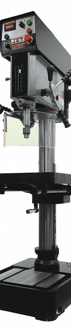 JET Floor Drill Press: Belt Drive, Variable Speed, 150 RPM – 2,000 RPM, 230V AC /Three-Phase, 2 hp (MPN JDP20VST). Key specifications — attr22849: 300 to 2,000 RPM; attr22858: 230V AC; attr73523: Tapping; attr22856: Belt; attr73570: Three-Phase; attr22850: 10-7/16 in; attr22846: 2 hp; attr22840: 7/6.6 A.