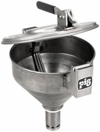 PIG Drum Funnel: Latching/Lockable, Silver / Silver, No Flame Arrester, 10 1/2 in x 15 in, 2 in NPT (MPN DRM1112-NPT). Key specifications — Brand: PIG; Funnel Material: Stainless Steel; For Use With: 20 to 55 gal Plastic or Steel Drums; Color: Silver; Lid Type: Lockable; Flame Arrester Ht: No Flame Arrester; Lid Type (sublevel): Lidded.