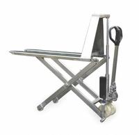 DAYTON High-Lift Pallet Jack: 2,200 lb, Stainless Steel, Std Fork, 46 in L x 27 in W Forks (MPN 2PLJ2). Key specifications — Lift Control: Hand Pump; Handle Type: D-Shaped; Brand: DAYTON.