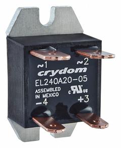 CRYDOM Solid State Relay: Surface Mounted, 20 A Max Output Current, SCR, AC Output (MPN EL240A20R-05). Key specifications — Brand: CRYDOM; Current Type: DC; Electrical Connection: Quick-Connect; Finger Safe: No; Input Current: 21 mA; Maximum Output Current without Heat Sink: Not Recommended; Mounting Style: Panel; Output Voltage: 24 to 280V AC.