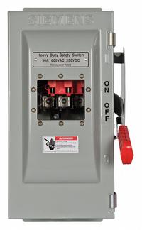 SIEMENS Safety Switch: Fusible, 30 A, Three Phase, 600V AC, Galvanized Steel, Indoor (MPN HF361JW). Key specifications — Brand: SIEMENS.