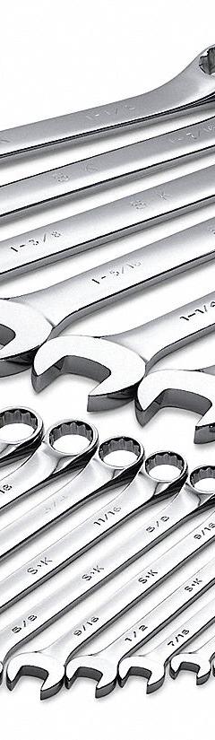 SK PROFESSIONAL TOOLS Combination Wrench Set: Alloy Steel, Chrome, 21 Tools, 15° Head Offset Angle (MPN 86049). Key specifications — attr309520: Chrome; attr309519: Alloy Steel; attr324929: SK PROFESSIONAL TOOLS; attr309512: Tool Roll; attr309522: No; attr309533: No.