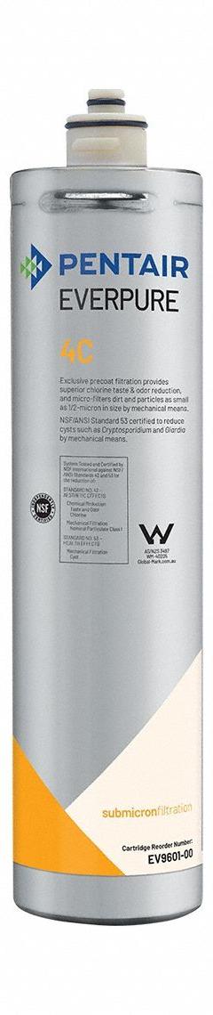 EVERPURE Water Filter Cartridge: 0.5 micron, 0.5 gpm, 3,000 gal, 14 1/4 in Overall Ht (MPN EV960146). Key specifications — Filter Media: Carbon; Brand: EVERPURE.