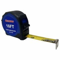 WESTWARD Tape Measure: Nonmagnetic Single Hook Tip, 16 ft, Plastic with Rubberized Grip, Black/Blue (MPN 814J48). Key specifications — attr935324: WESTWARD; attr942259: Black; attr935328: 1/32 in (1st 12 in); attr935329: Inches; attr935337: SAE; attr936607: Manual Lock; attr972446: Inch; attr979969: Nonmagnetic Single Hook.