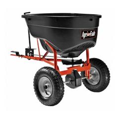 AGRI-FAB Tow-Behind Spreader: 130 lb Capacity, 10 ft Spread Wd, Polyethylene Hopper, Steel Frame (MPN 45-0463). Key specifications — Frame Material: Steel; Spread Width: 10 ft; Brand: AGRI-FAB.
