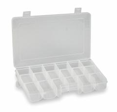 WESTWARD Compartment Box: 7 3/8 in x 11 1/2 in x 1 5/8 in, Clear, 18 Compartments, 12 Adj Dividers (MPN 2HFR4). Key specifications — ESD Conductive: Not Electrostatic Discharge Conductive; Color: Clear; Brand: WESTWARD; Material: Plastic.