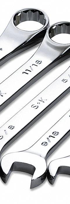 SK PROFESSIONAL TOOLS Combination Wrench Set: Alloy Steel, Chrome, 9 Tools, 15° Head Offset Angle (MPN 86011). Key specifications — attr309520: Chrome; attr309519: Alloy Steel; attr324929: SK PROFESSIONAL TOOLS; attr309512: Storage Rack; attr309522: No; attr309533: Yes.