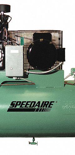 SPEEDAIRE Electric Air Compressor: 7.5 hp, 2 Stage, Horizontal, 80 gal, 23.5 cfm, 175 psi (MPN 1WD86). Key specifications — attr48430: SPEEDAIRE; attr48445: 60 Hz; attr48448: Initial Fill of Compressor Oil; attr48450: 208-240V AC; attr48474: Three; attr48487: Horizontal.