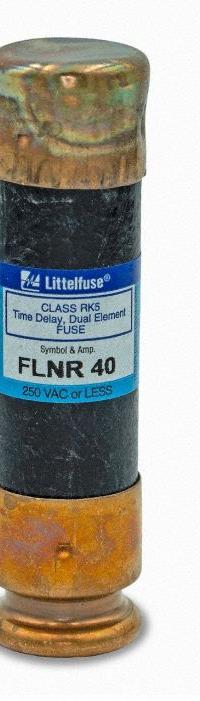 LITTELFUSE Fuse: Class RK5, FLNR Series, Time-Delay, 40 A, 250 V AC, 125 V DC, Non-Indicating (MPN FLNR040). Key specifications — Series: FLNR.