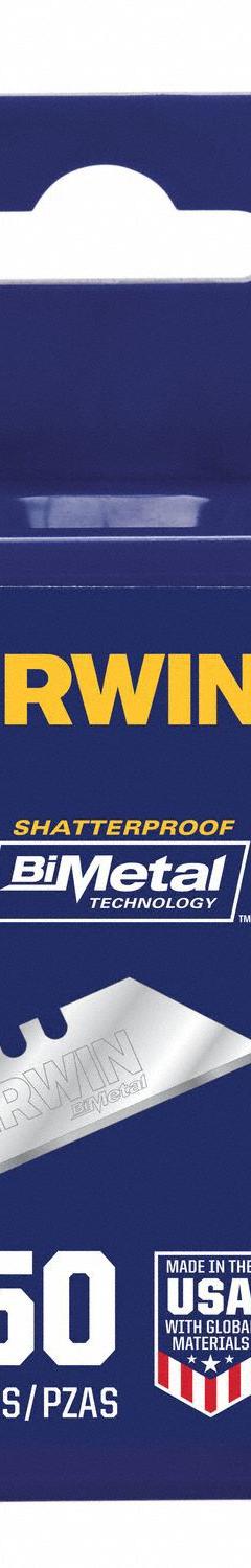 IRWIN Utility Blade: 2 3/8 in Blade Lg, 3/4 in Blade Wd, 0.025 in Blade Thick, Bi-Metal, 50 PK (MPN 2084300). Key specifications — attr307708: 3KJA4; attr307711: Bi-Metal; attr307707: Yes; attr324888: IRWIN.
