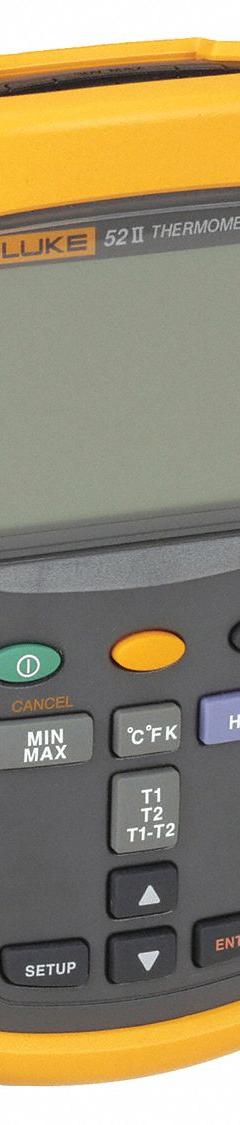 FLUKE Thermocouple Thermometer: -418°F to 1999°F, For Type E/Type J/Type K/Type T Thermocouple Type (MPN FLUKE 52-2B). Key specifications — Testing Functions: Differential Temperature; Accuracy: ±0.05 % + 0.3 °C; Brand: FLUKE.
