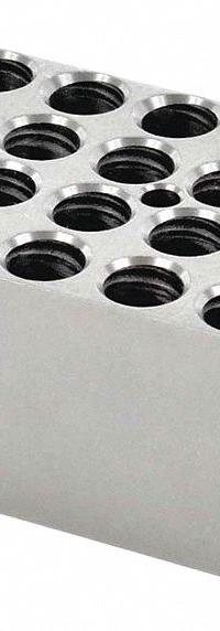 OHAUS Modular Block: Anodized Aluminum, 3 in Overall Wd, 3 3/4 in Overall Lg, 20 Wells (MPN 30400152). Key specifications — Product Type: Dry Bath Block; Includes Thermometer Well: Yes; Material: Anodized Aluminum; Brand: OHAUS.