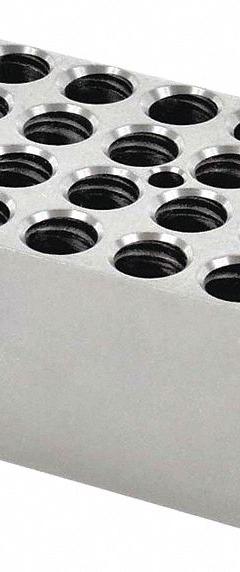OHAUS Modular Block: Anodized Aluminum, 3 in Overall Wd, 3 3/4 in Overall Lg, 20 Wells (MPN 30400152). Key specifications — Product Type: Dry Bath Block; Includes Thermometer Well: Yes; Material: Anodized Aluminum; Brand: OHAUS.