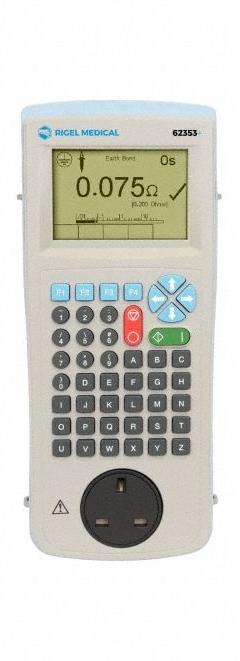 RIGEL MEDICAL Biomedical Electrical Safety Tester: 0 mA to 6,000 mA, 0 ohm to 100 megaohm (MPN 62353+). Key specifications — Brand: RIGEL MEDICAL; Testing Functions: Applied Part Leakage; CAT Safety Rating: CAT II 300V.